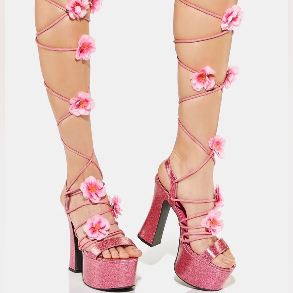Dollskill Flower Lace Up Pink Glitter High Heels